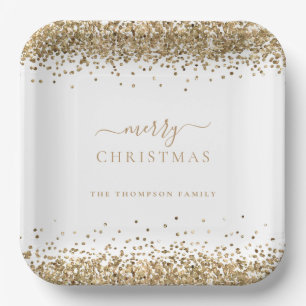 Gold Glitter White Name Merry Christmas  Paper Plate