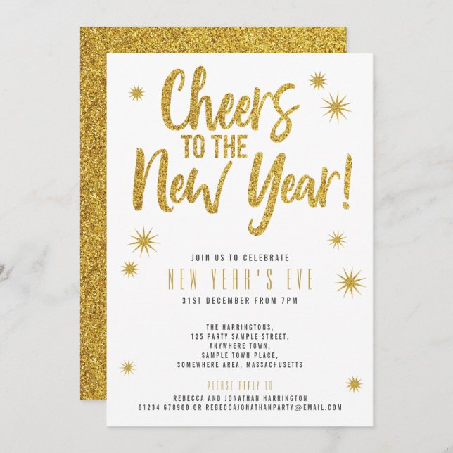 Gold Glitter White New Year's Eve Party Invitation (Front/Back)