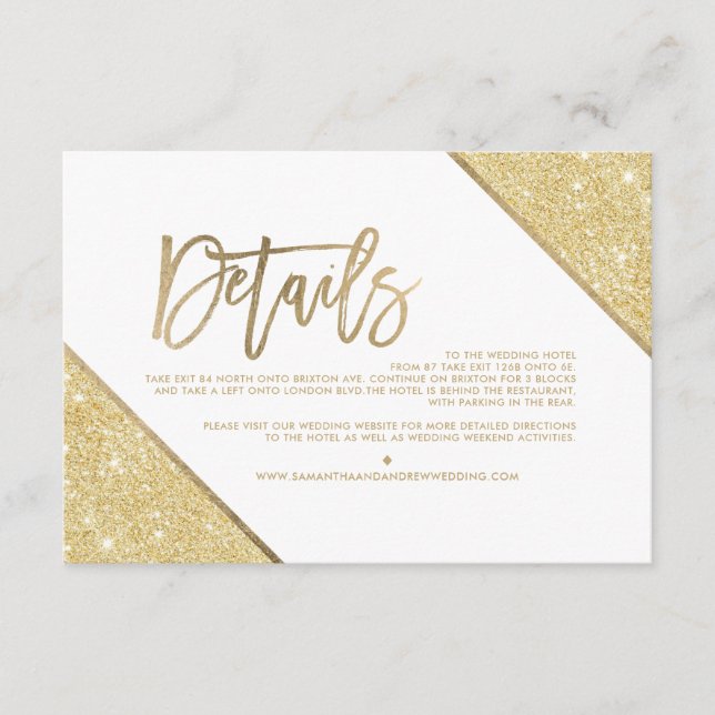 Gold glitter white script wedding direction enclosure card (Front)