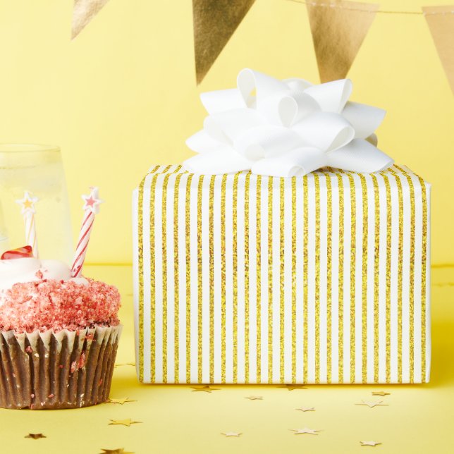 Gold Glitter White Stripe Pattern Christmas Custom Wrapping Paper (Birthday Party)