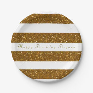 Gold Glitter & White Stripes Chic Party Plates