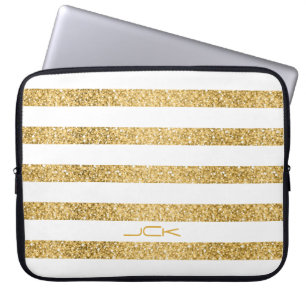 Gold Glitter White Stripes Pattern Monogram Laptop Sleeve
