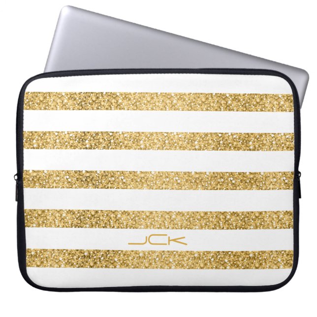 Gold Glitter White Stripes Pattern Monogram Laptop Sleeve (Front)