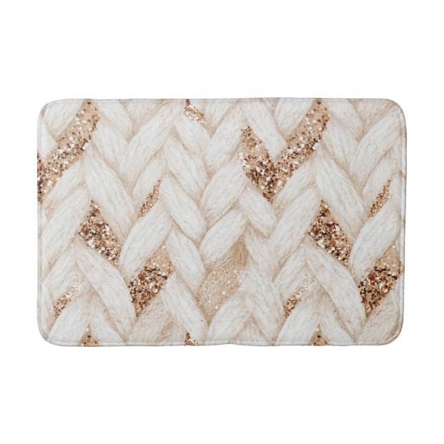 Gold Glitter White Woven Faux Fabric   Bath Mat (Front)