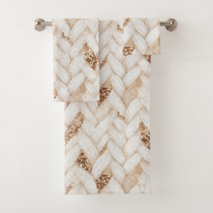 Gold Glitter White Woven Faux Fabric Bath Towel Set