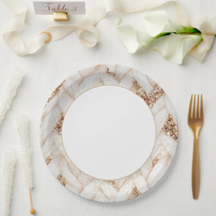 Gold Glitter White Woven Faux Fabric Bridal Shower Paper Plate