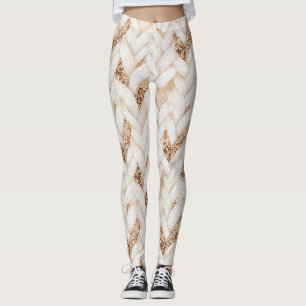 Gold Glitter White Woven Faux Fabric Leggings