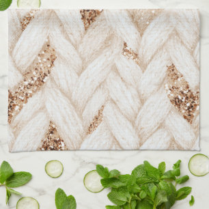 Gold Glitter White Woven Faux Fabric   Tea Towel