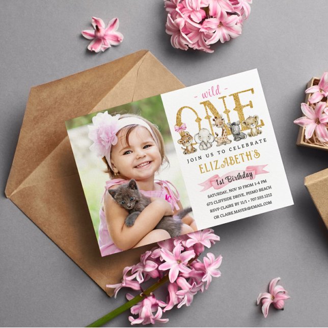 Gold Glitter Wild One Safari Birthday Party Photo  Invitation (Creator Uploaded)