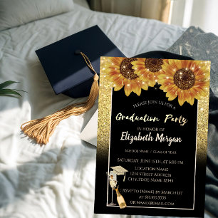 Gold Glitter,Wine,Glass, Sunflowers Invitation