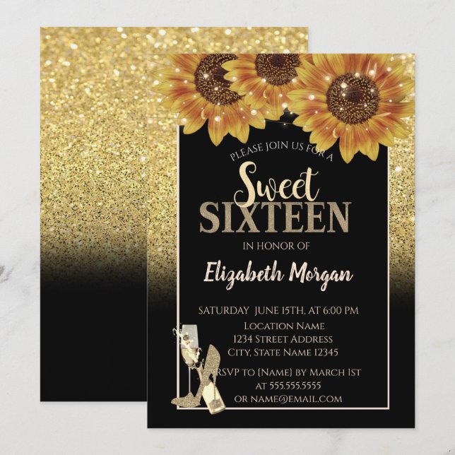 Gold Glitter,Wine,Glass, Sunflowers Sweet 16 Party Invitation (Front/Back)
