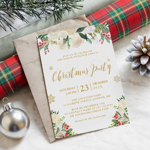 Gold Glitter Winter Floral Berries Christmas Party Invitation