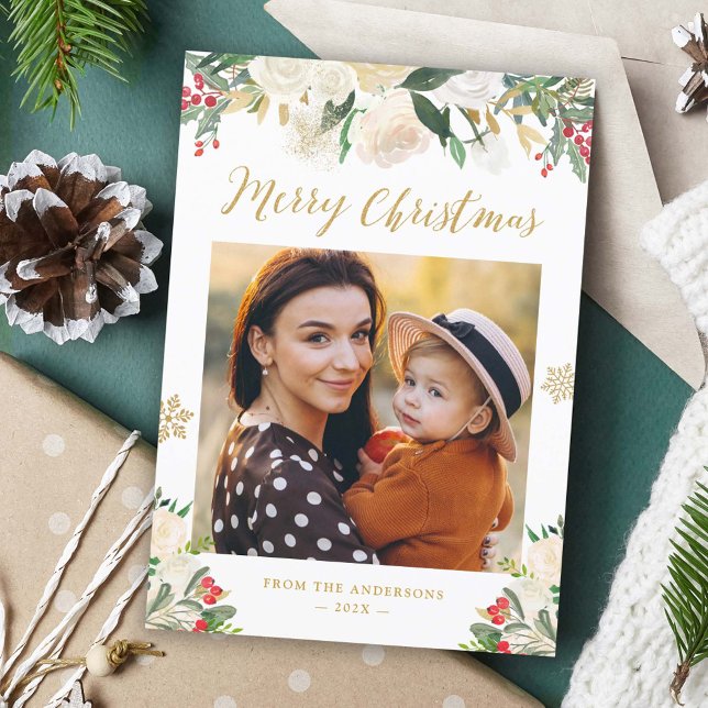 Gold Glitter Winter Floral Merry Christmas Photo Holiday Card (Creator Uploaded)