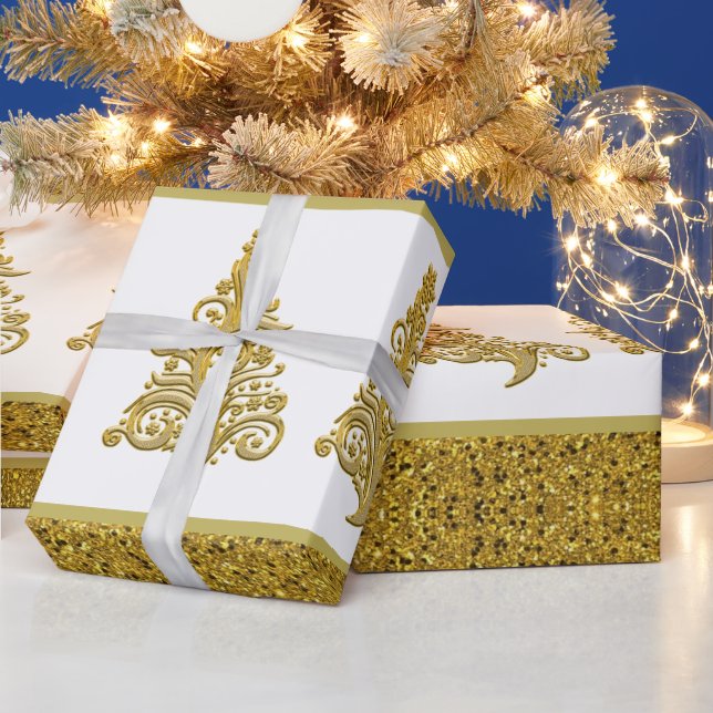 Gold Glitter with Filigree Christmas Tree Wrapping Paper (Holidays)