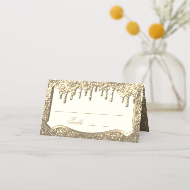 Gold Glitter with Golden Drip Place Card (Front)