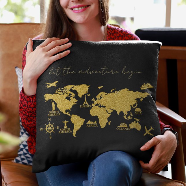 Gold Glitter World Map on Black Elegant Adventure Cushion (Creator Uploaded)