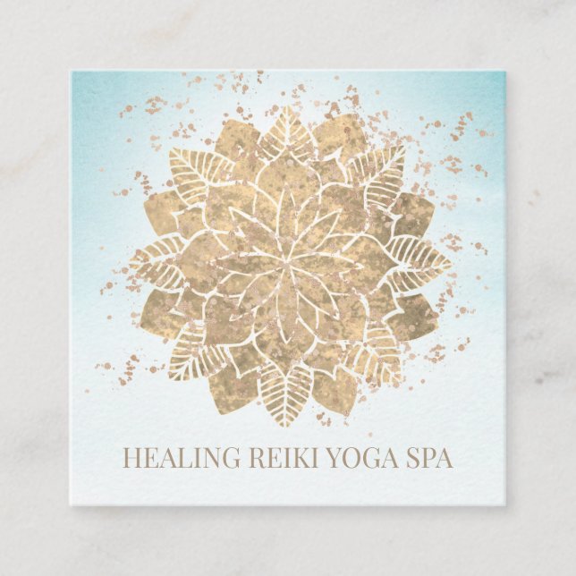 *~* Gold Glitter Yoga Spiritual Mandala Reiki Aqua Square Business Card (Front)