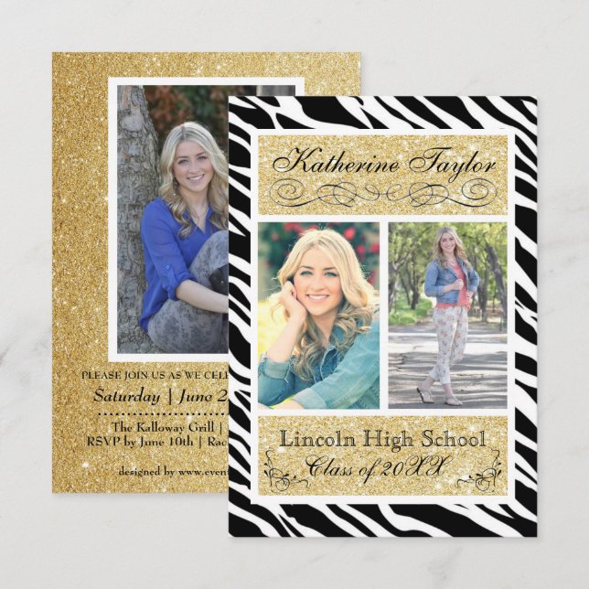 Gold Glitter Zebra 3x5 Graduation Announcement (Front/Back)