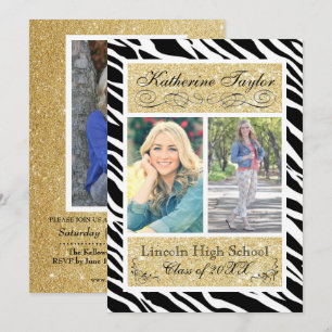 Gold Glitter Zebra Graduation Announcement