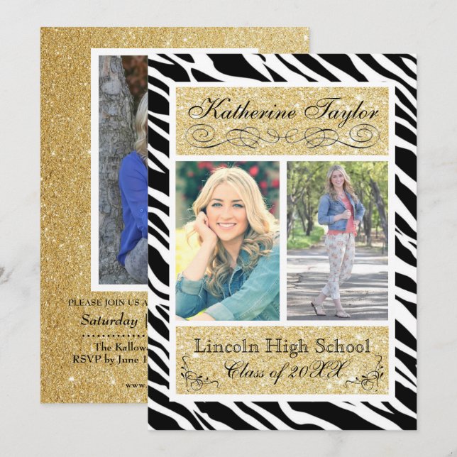 Gold Glitter Zebra Graduation Announcement (Front/Back)