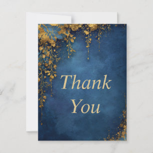 Gold Glittering Leaves on Navy Blue Thank You Card