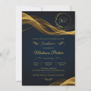 Gold Glittering Wave on Blue Graduation   Invitation