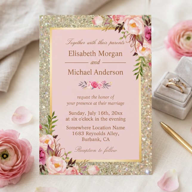 Gold Glitters Blush Pink Floral Wedding Invitation (Creator Uploaded)
