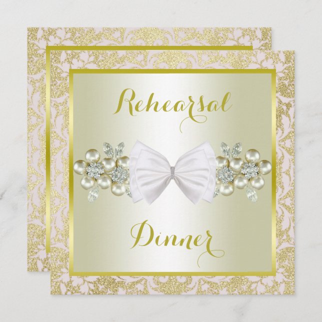 Gold Glitters, Diamond Gem & Bow Rehearsal Dinner Invitation (Front/Back)
