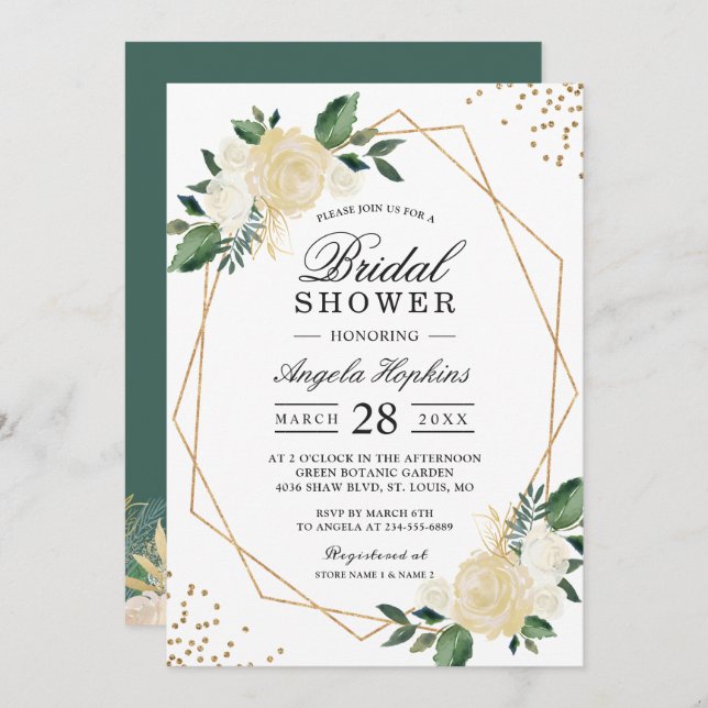 Gold Glitters Greenery Floral Bridal Shower Brunch Invitation (Front/Back)