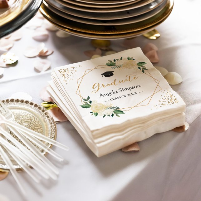 Gold Glitters Ivory Green Floral Graduation Party Napkin (Creator Uploaded)