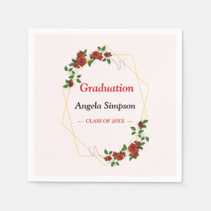 Gold Glitters Ivory Red Floral Graduation Party Napkin