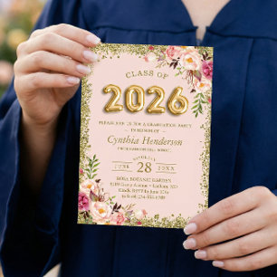 Gold Glitters Pink Floral Balloons 2023 Graduation Invitation