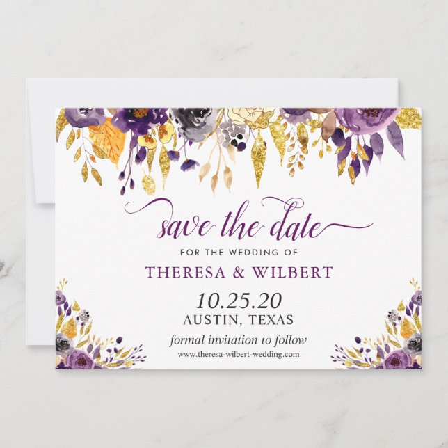 Gold Glitters Purple Floral Wedding Save the Date (Front)