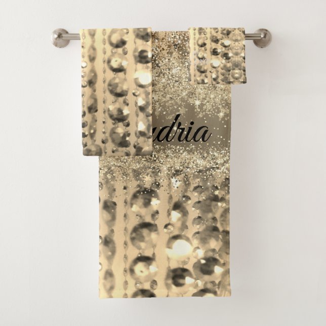 Gold Glittery Beads Personalised Glitzy    Bath Towel Set (Insitu)
