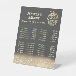 Gold glittery cupcake bakery price list pedestal s sign