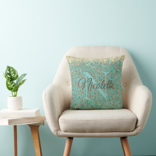 Gold Glittery Feathers Monogram on Turquoise Cushion