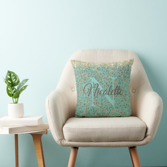 Gold Glittery Feathers Monogram on Turquoise Cushion (Chair)