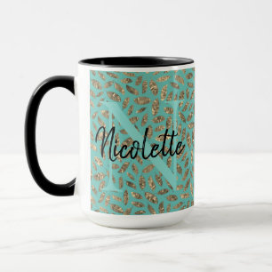 Gold Glittery Feathers Monogram on Turquoise Mug