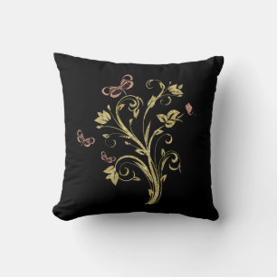 Gold Glittery Flowers & Pink Butterflies Cushion
