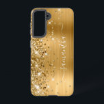 Gold Glittery Foil Girly Signature Samsung Galaxy Case<br><div class="desc">Girly faux sparkly gold glitter highlights on the left edge, over golden yellow ombre brushed metal foil. The modern girly signature features an elegant white calligraphy font with decorative tails in a vertical format. Customise the font styles or move the sparkle graphics to create your own phone gear. The extra...</div>