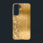 Gold Glittery Foil Girly Signature Samsung Galaxy Case<br><div class="desc">Girly faux sparkly gold glitter highlights on the left edge, over golden yellow ombre brushed metal foil. The modern girly signature features an elegant white calligraphy font with decorative tails in a vertical format. Customise the font styles or move the sparkle graphics to create your own phone gear. The extra...</div>