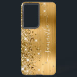 Gold Glittery Foil Girly Signature Samsung Galaxy Case<br><div class="desc">Girly faux sparkly gold glitter highlights on the left edge, over a faux golden ombre brushed metal foil. The modern girly signature features an elegant white calligraphy font with decorative tails in a vertical format. Customise the font styles or move the sparkle graphics to create your own phone gear. The...</div>