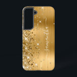 Gold Glittery Foil Girly Signature Samsung Galaxy Case<br><div class="desc">Girly faux sparkly gold glitter highlights on the left edge with a golden yellow ombre brushed metal foil. The modern girly signature features an elegant white calligraphy font with decorative tails in a vertical format. Customise the font styles or move the sparkle graphics to create your own phone gear. The...</div>