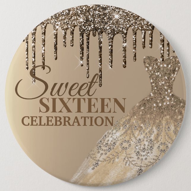 Gold Glittery Glamour Spark Drips Sweet 16 Birthda 6 Cm Round Badge (Front)