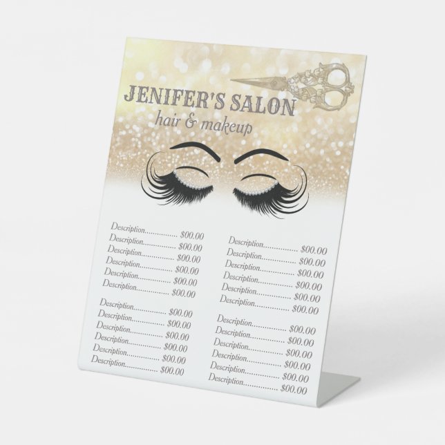 Gold glittery hair & makeup price list pedestal sign (Front)