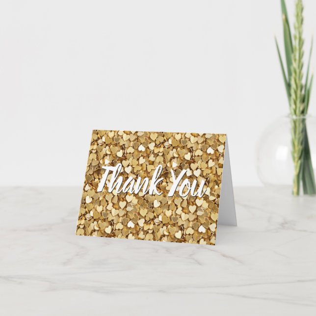 Gold Glittery Hearts Confetti Thank You Card (Front)