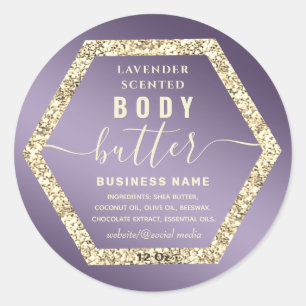 Gold glittery hexagon script body butter label