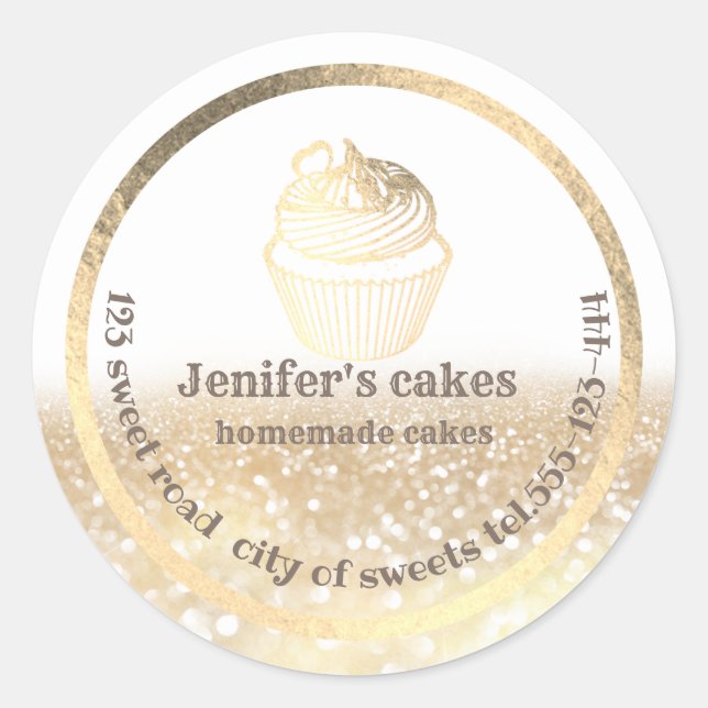 Gold glittery Homemade cakes and treats packaging Classic Round Sticker (Front)