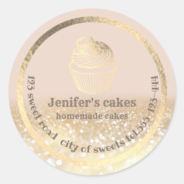 Gold glittery Homemade cakes and treats packaging Classic Round Sticker (Front)