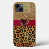 Gold Glittery Leopard Print and Ruby Heart